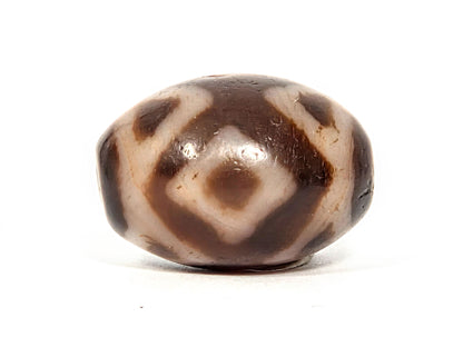 V-072226-3ETT Three Eye Tiger Tooth face C — bead turned, cream and dark brown wrapping continuous surface, unretouched. 