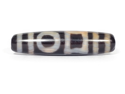 V-092723-DHE Double Heaven & Earth dzi bead, front Heaven circle face, pitch-black agate, 49.1×11.7mm, natural banding in motif lines, unretouched