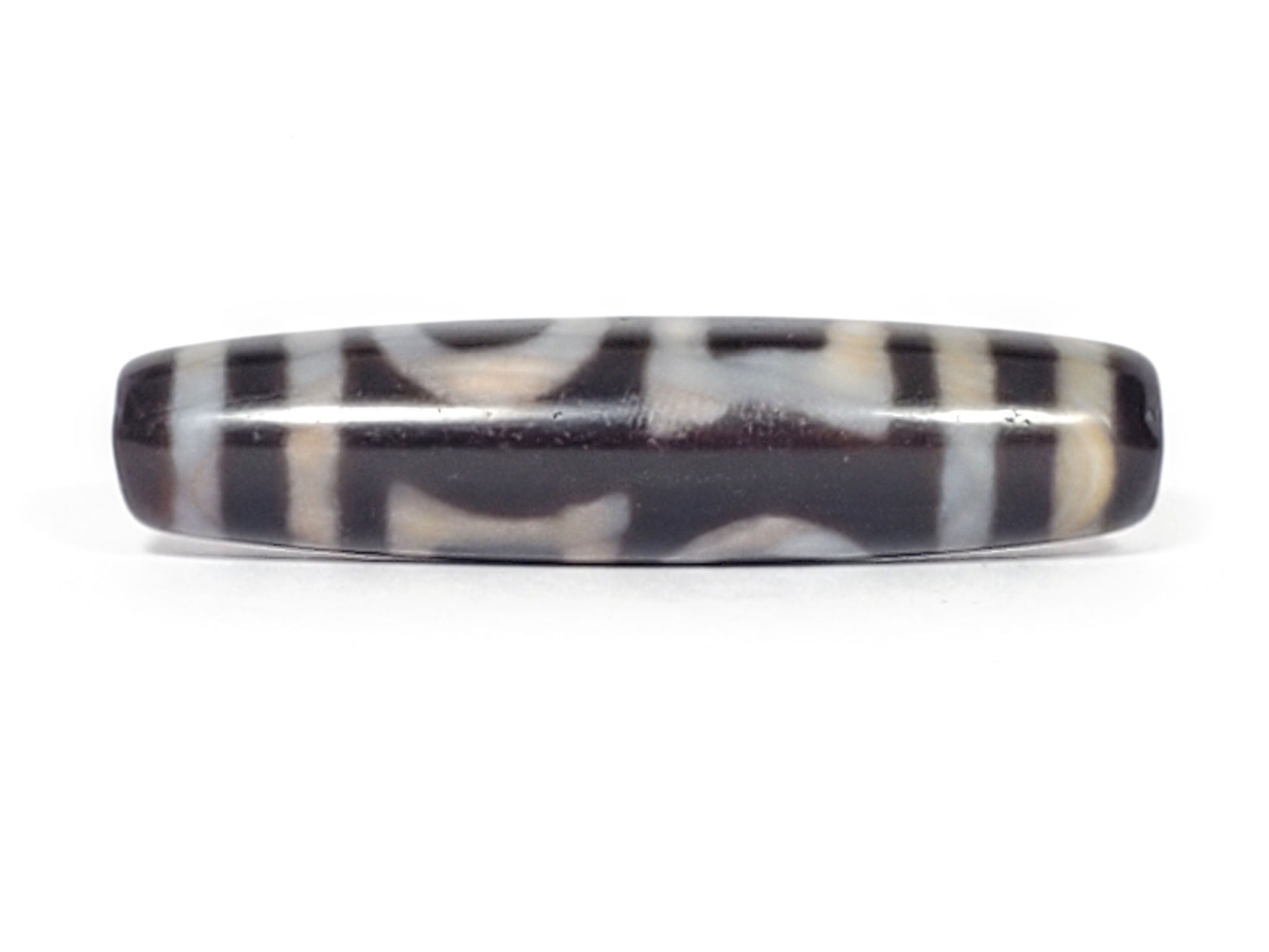 V-092723-DHE Double Heaven & Earth dzi bead, Earth square face, natural honey-peach and grey-blue banding in cream zones, unretouched