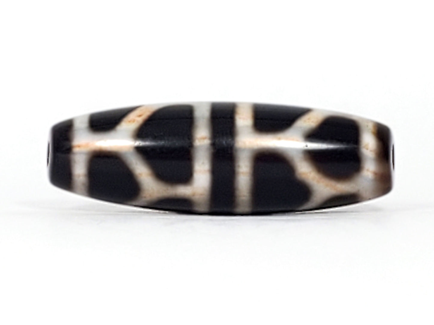 V-092824-DLBS2 Double Longevity dzi bead, front face, pitch-black agate, 38.6×12.5mm, warm boundary staining on cream lines, unretouched