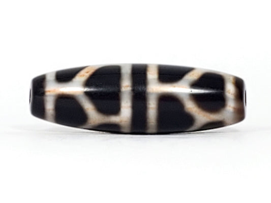 V-092824-DLBS2 Double Longevity dzi bead, front face, pitch-black agate, 38.6×12.5mm, warm boundary staining on cream lines, unretouched