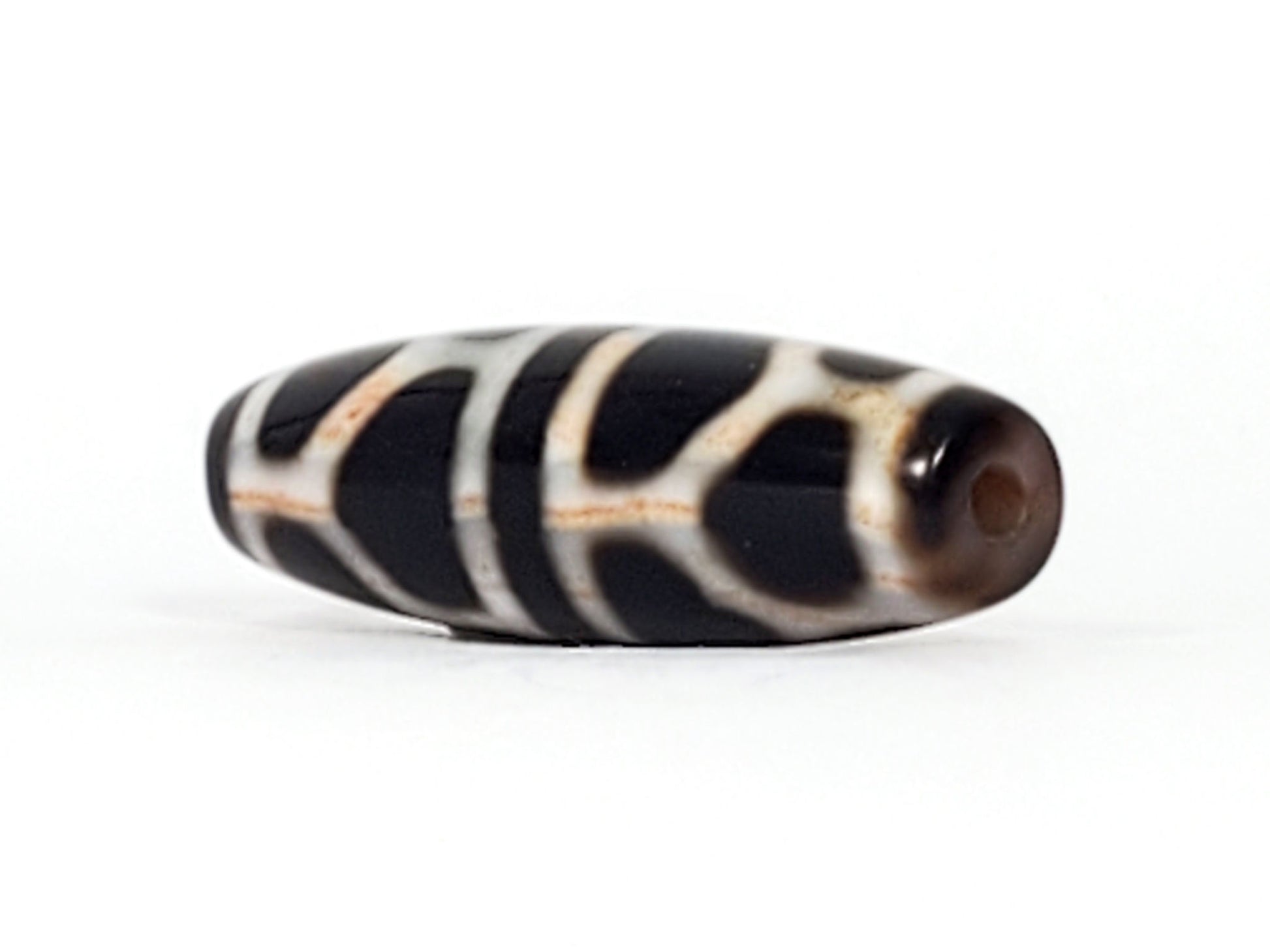 V-092824-DLBS2 Double Longevity dzi bead, fourth face angle, pitch-black ground with wide cream tortoise shell lines, unretouched