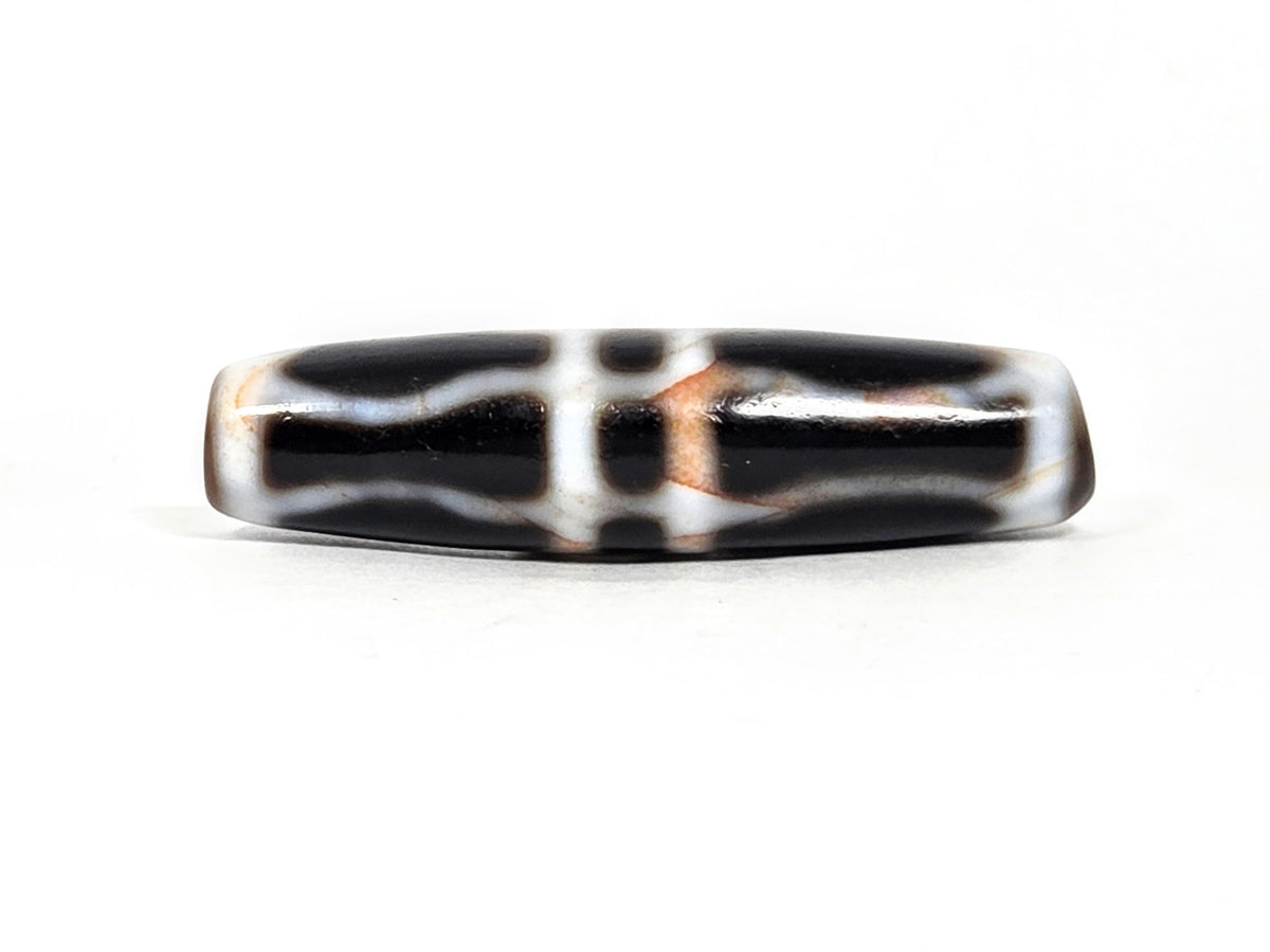 V-070526-3VjBS hero flat, triple vajra dzi, 45.4×11.8mm, dark brown black agate, white motif, unretouche