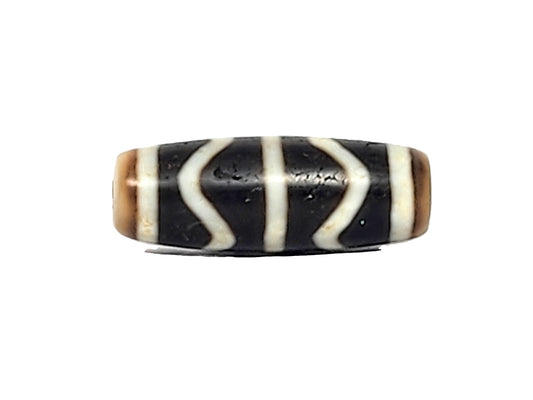 Vintage double wave dzi bead V-071425-DW, 31.8×11.6mm, front face, pitch-black body, tan-brown end caps, unretouched.