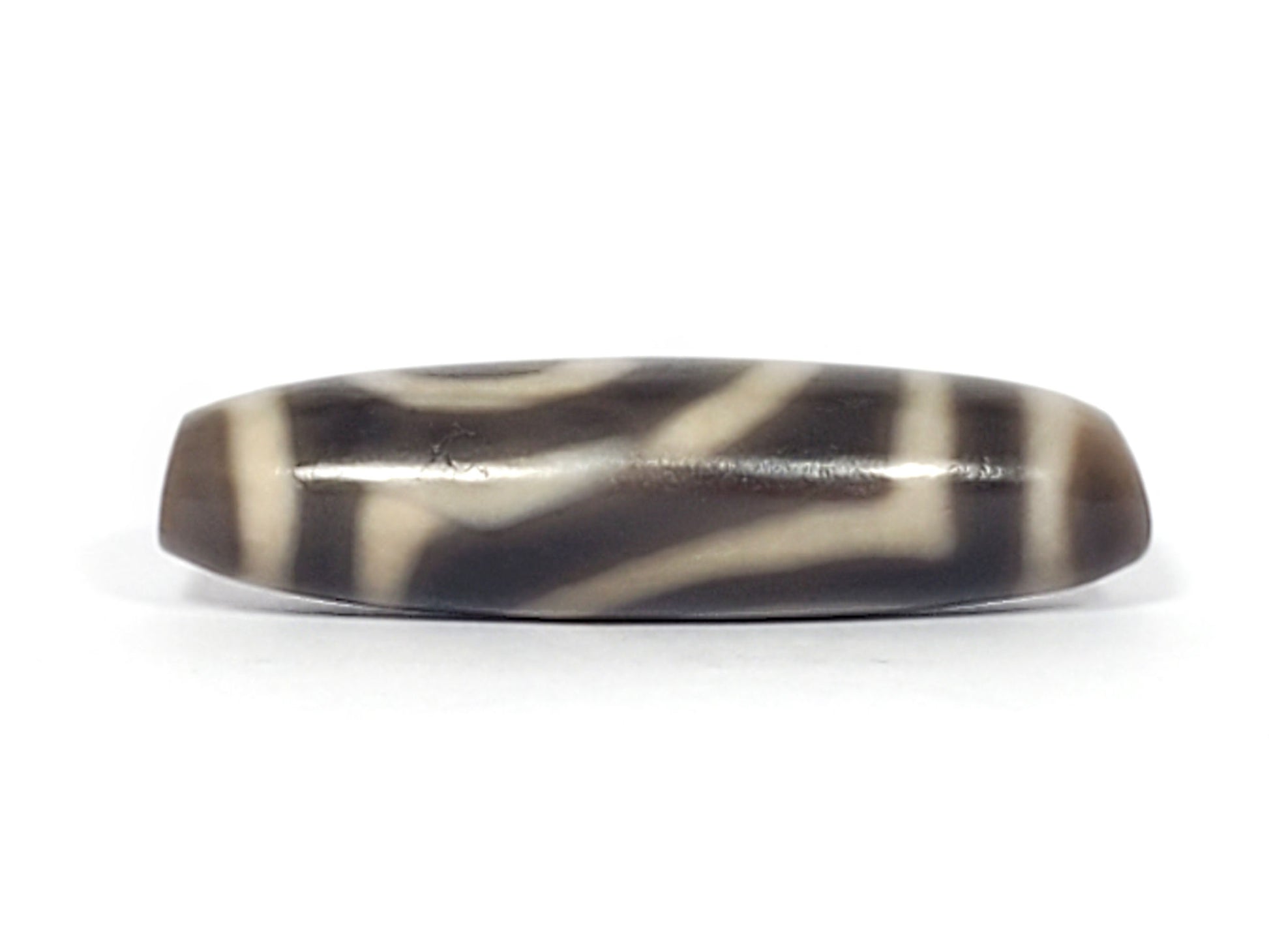 Ac-071026-TWE3 ancient two eye dzi charcoal grey-brown agate face D flat cross-section softer contrast unretouched