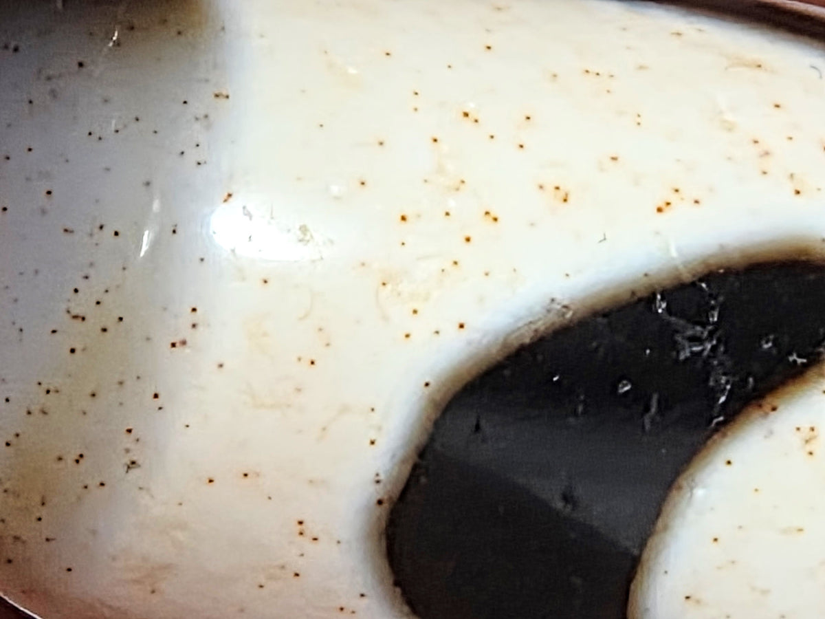 Ac-082524-DWBS, macro close-up of discrete rust-brown cinnabar dots across brilliant ivory-white agate field, unretouched