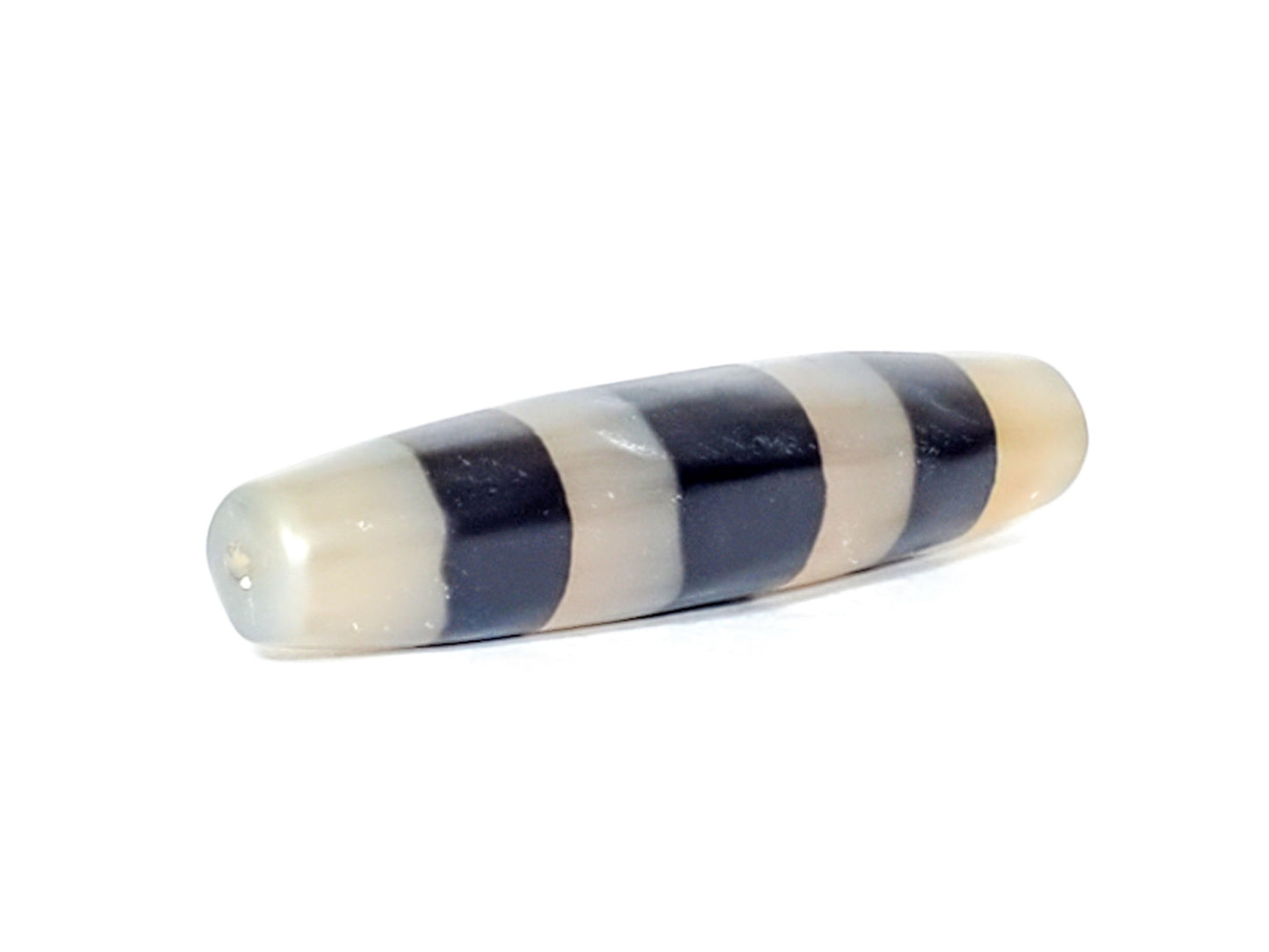Ac-061426-5SChung ancient Cho dzi 措思天珠, left end, frosted milky agate tip, drill hole, bands at tip, unretouched