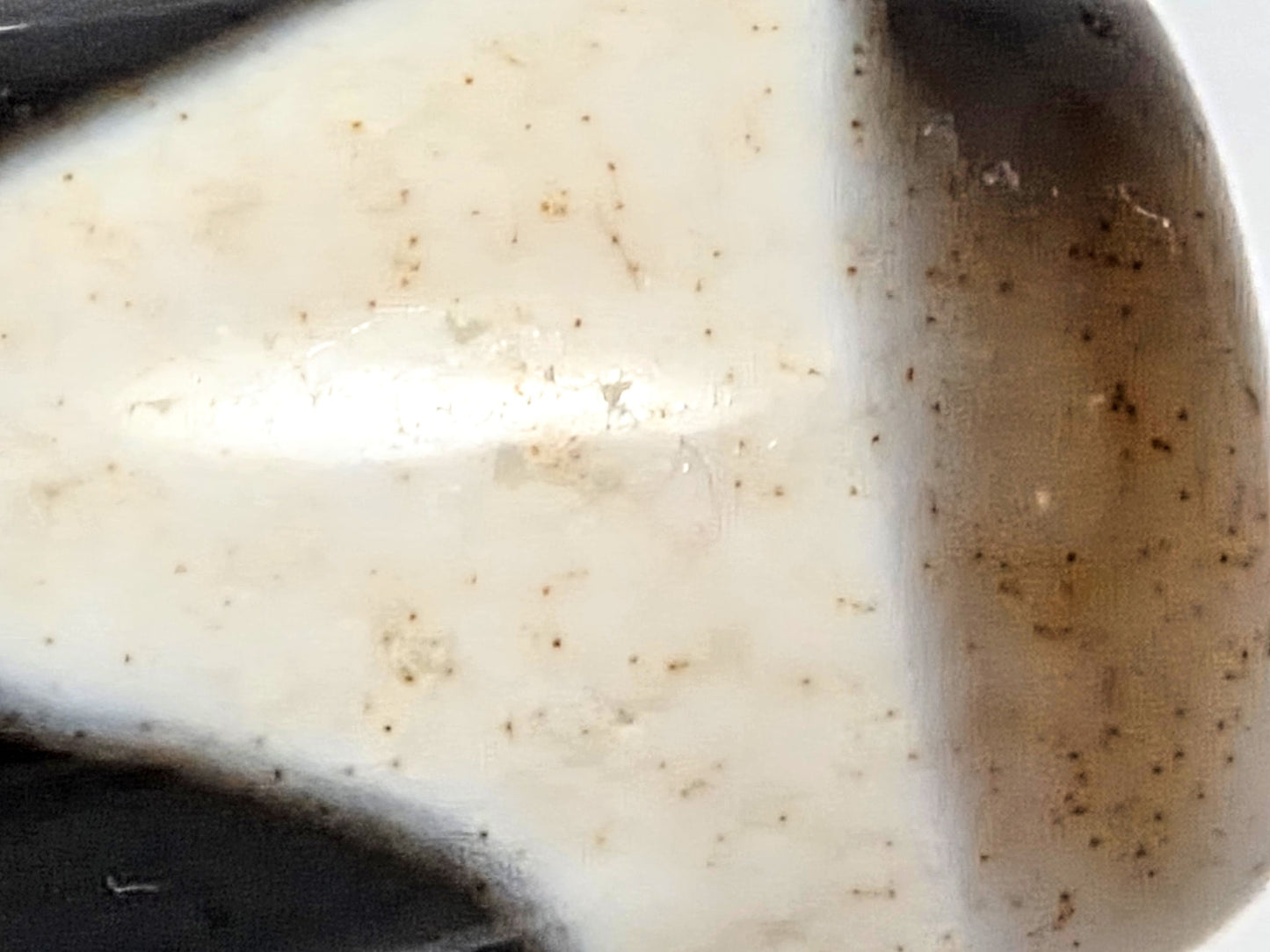 Ac-082524-DWBS, macro close-up of discrete rust-brown cinnabar dots across brilliant ivory-white agate field, unretouched