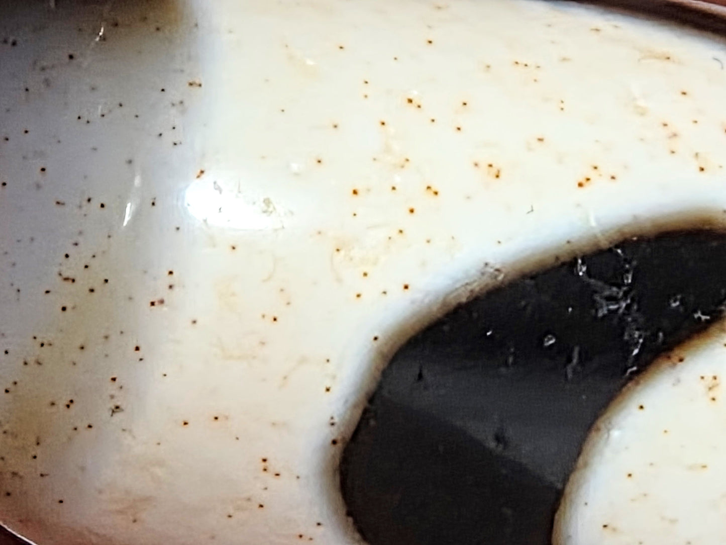 Ac-082524-DWBS, macro showing cinnabar dots crossing white-to-black wave boundary — bloodspots predate the motif, unretouched