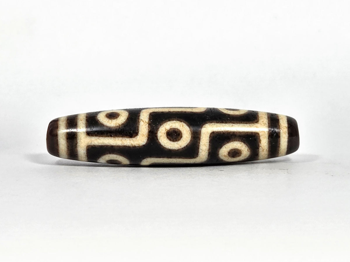 Ac-091626-9E ancient nine eye dzi dark brown agate face B stacked eye rows S-curve connectors unretouched