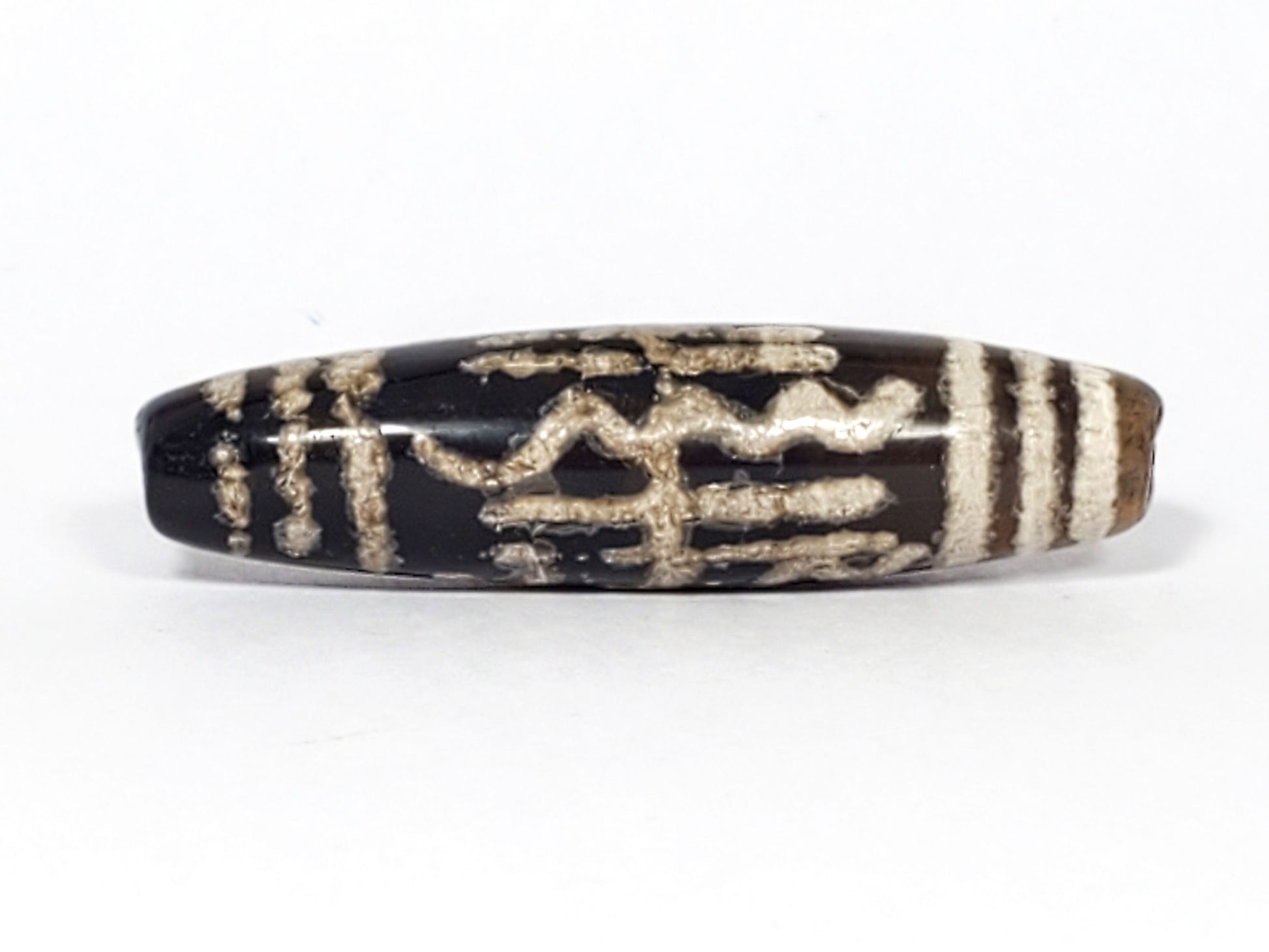 Antique Waves & Bars Dzi bead, 48.2mm — cream wave and bar etching on deep black agate, 200–300 yrs