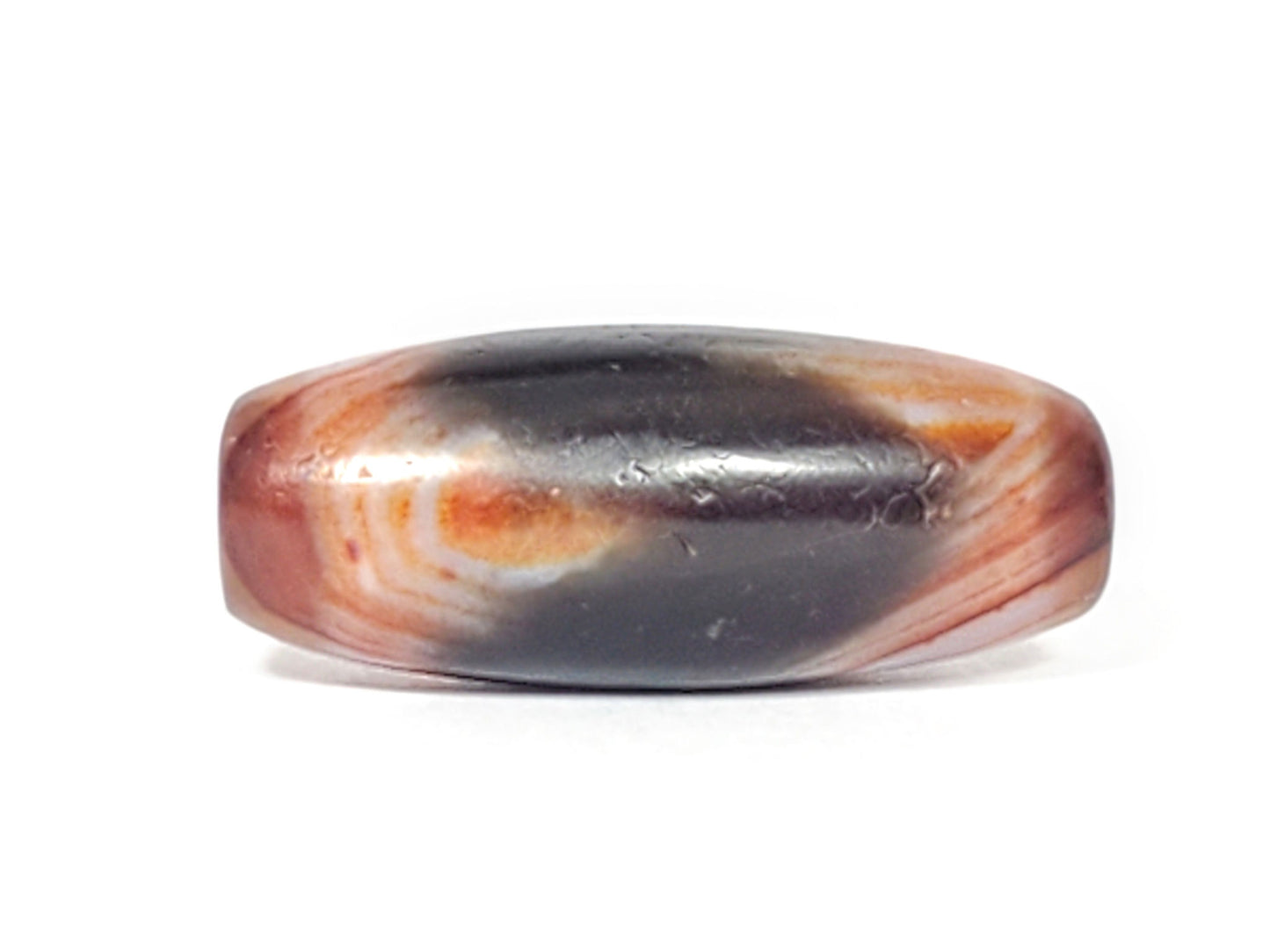 Antique Tibetan Tasso tiger tooth dzi bead, black agate with orange-red banding and bloodspot, At-052526-TaBS