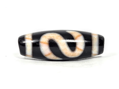 At-070726-MHBS antique money hook dzi bead pitch-black agate alternate front angle open S-curve hook form unretouched