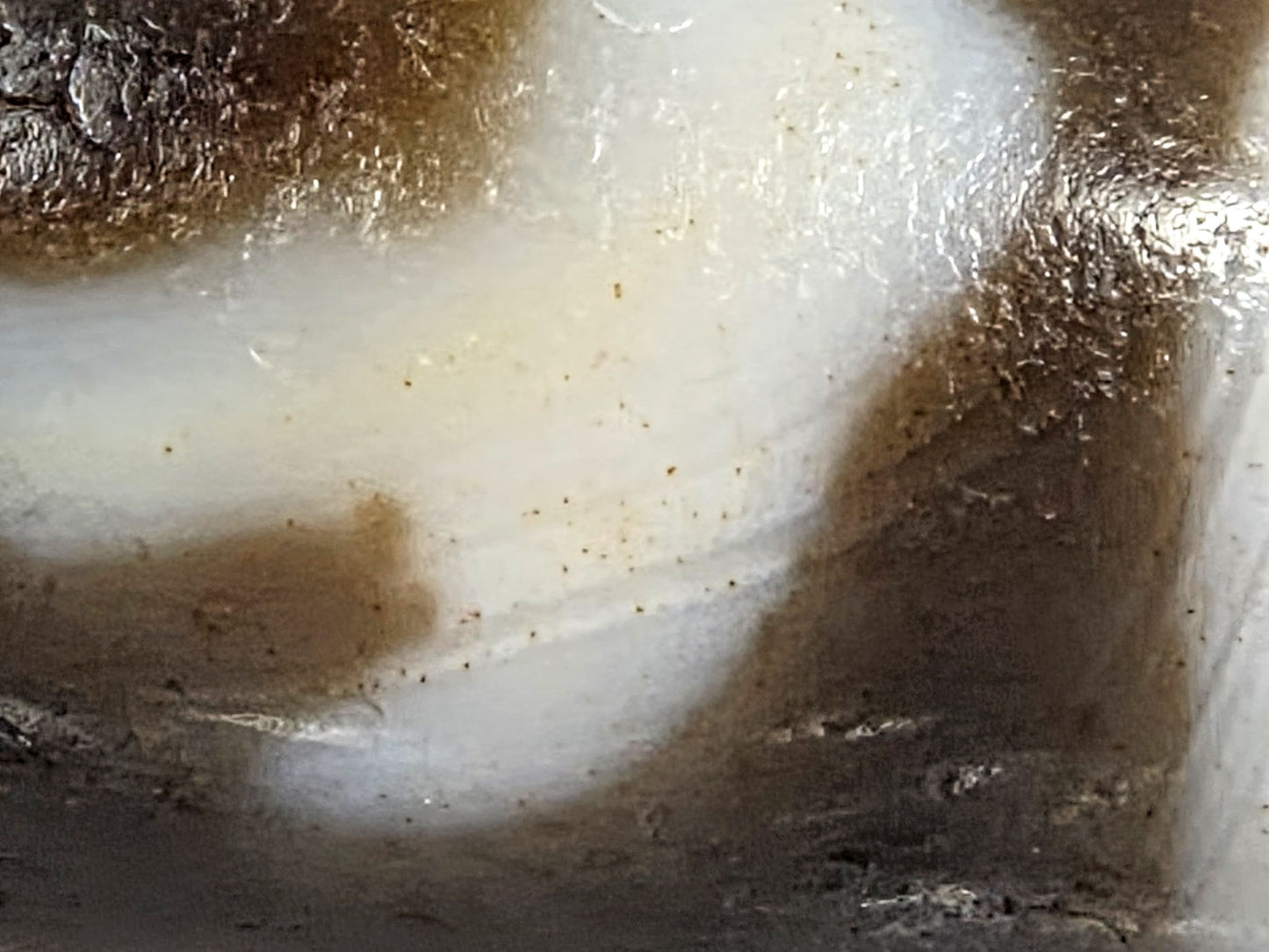 At-080926-RuyiBS macro view second cream zone showing fine micro-dot cinnabar scatter and dark brown motif boundaries, unretouched