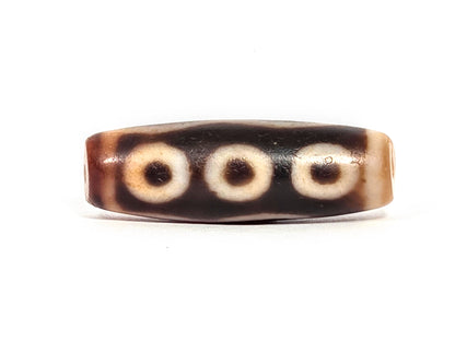 At-072326-5E antique five eye dzi 39.8×13.2mm dark brown agate face A three warm cream eyes in row unretouched