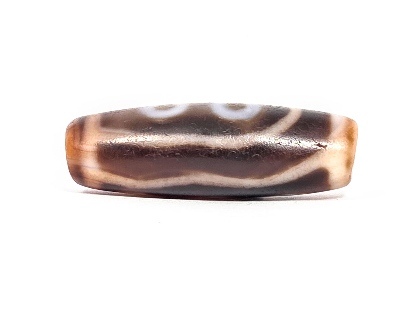 At-072326-5E antique five eye dzi face D connector wave lines opposite face dark brown agate unretouched