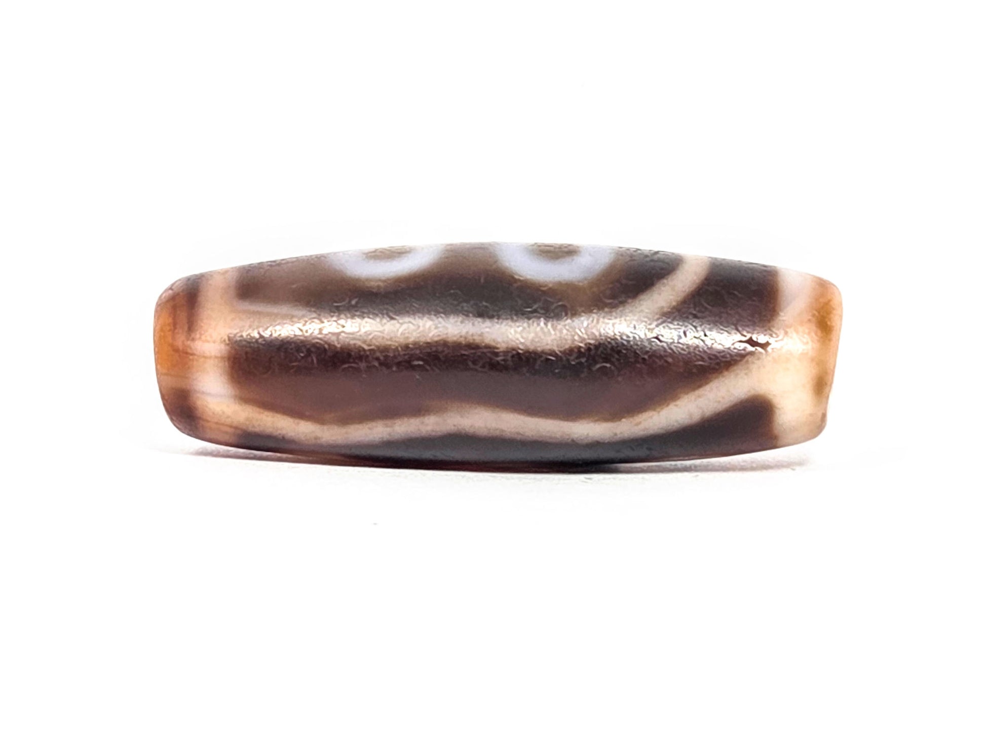 At-072326-5E antique five eye dzi face D connector wave lines opposite face dark brown agate unretouched