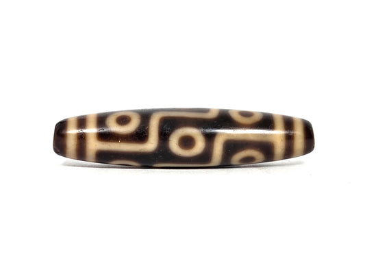 At-091626-9E antique Tibetan nine eye dzi 54.6x12.5mm dark brown agate face A stacked eyes S-curve connectors unretouched