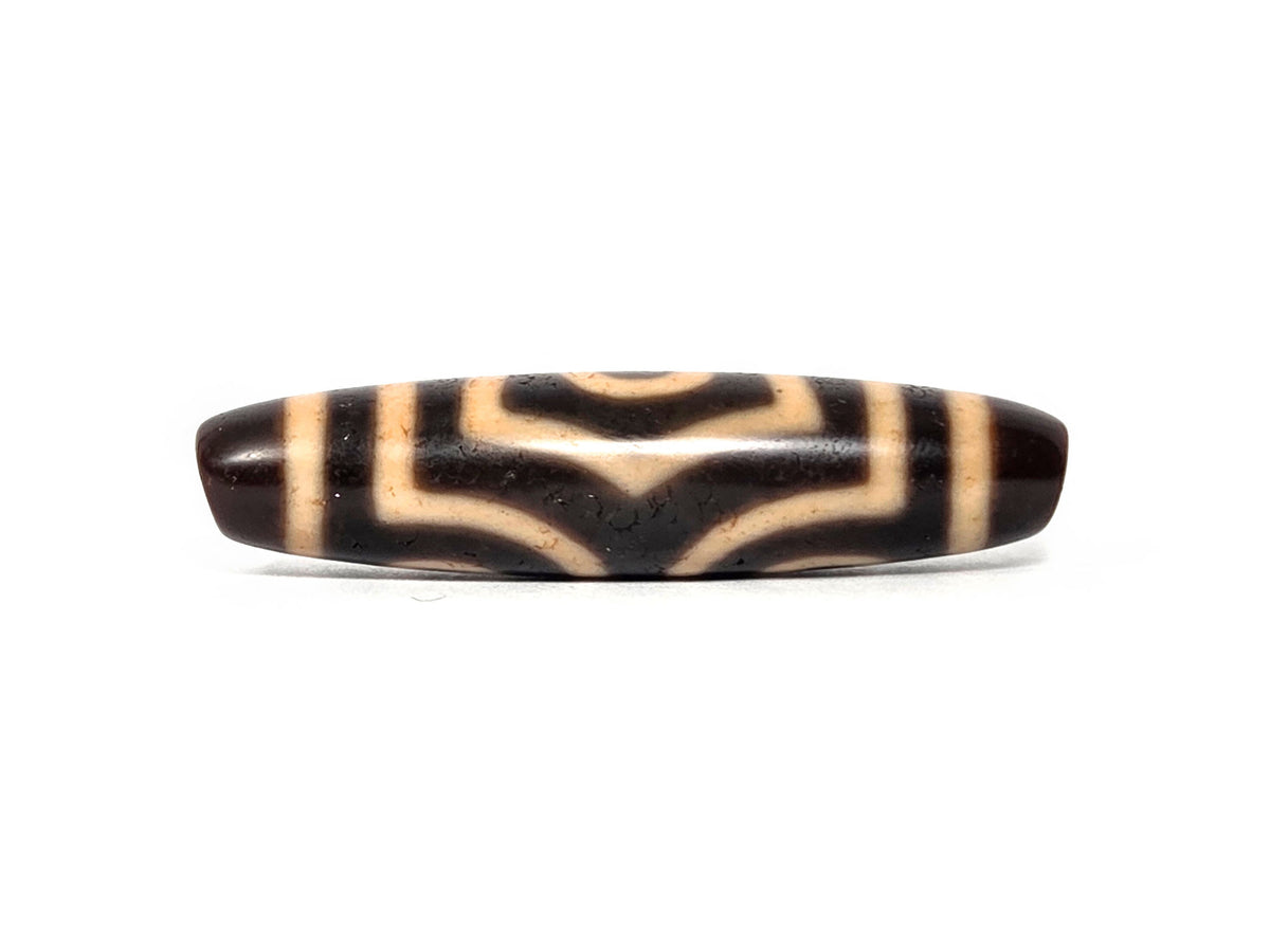 At-090326-3E4 antique three eye dzi warm reddish-brown agate 90-degree turn stacked cream arc lines, unretouched