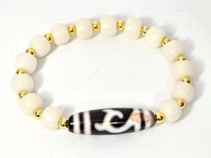 At-071026-GT-BR antique green tara dzi bracelet white bodhi root gold spacers flat overhead view unretouched
