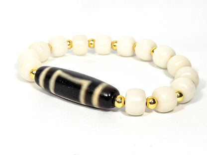 N-062226-HEBR2, heaven & earth dzi bracelet, earth gate face, 14 white bodhi root beads, gold-coloured spacers, unretouched