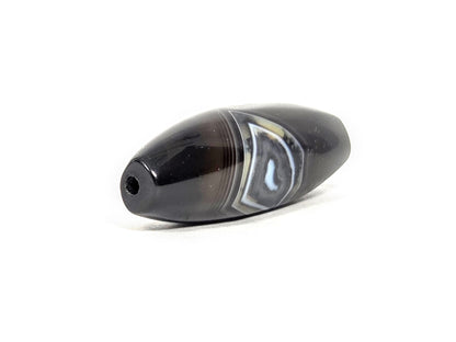 N-N-071126-1E-OLV3 three-quarter, wider rounded drill-hole end, blue-grey diamond banding zone prominent, unretouched