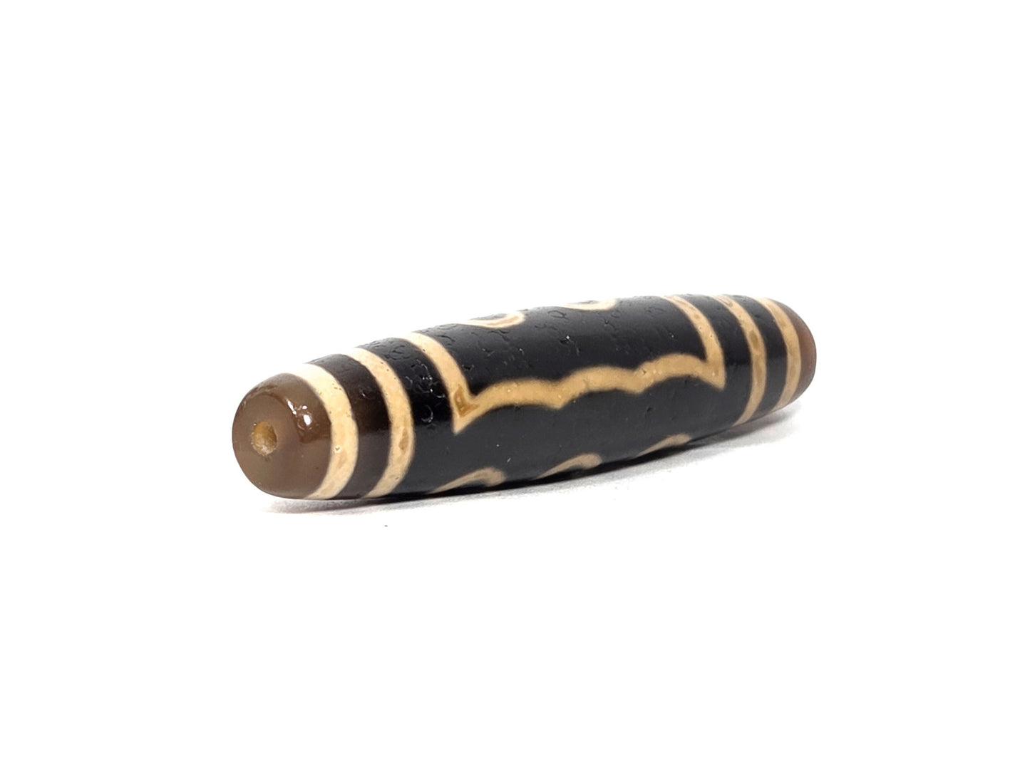 N-090126-5E2 new five eye dzi drill end view two warm brown glossy tip two-zone agate unretouched