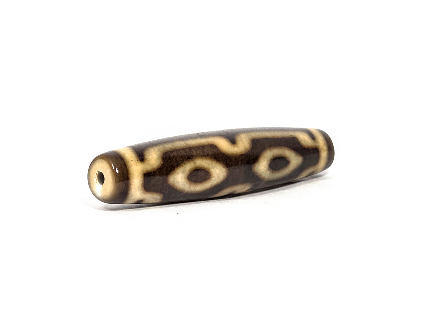 N-083126-4EV2 new four eye variant dzi drill end view two honey-brown glossy tip fusiform unretouched