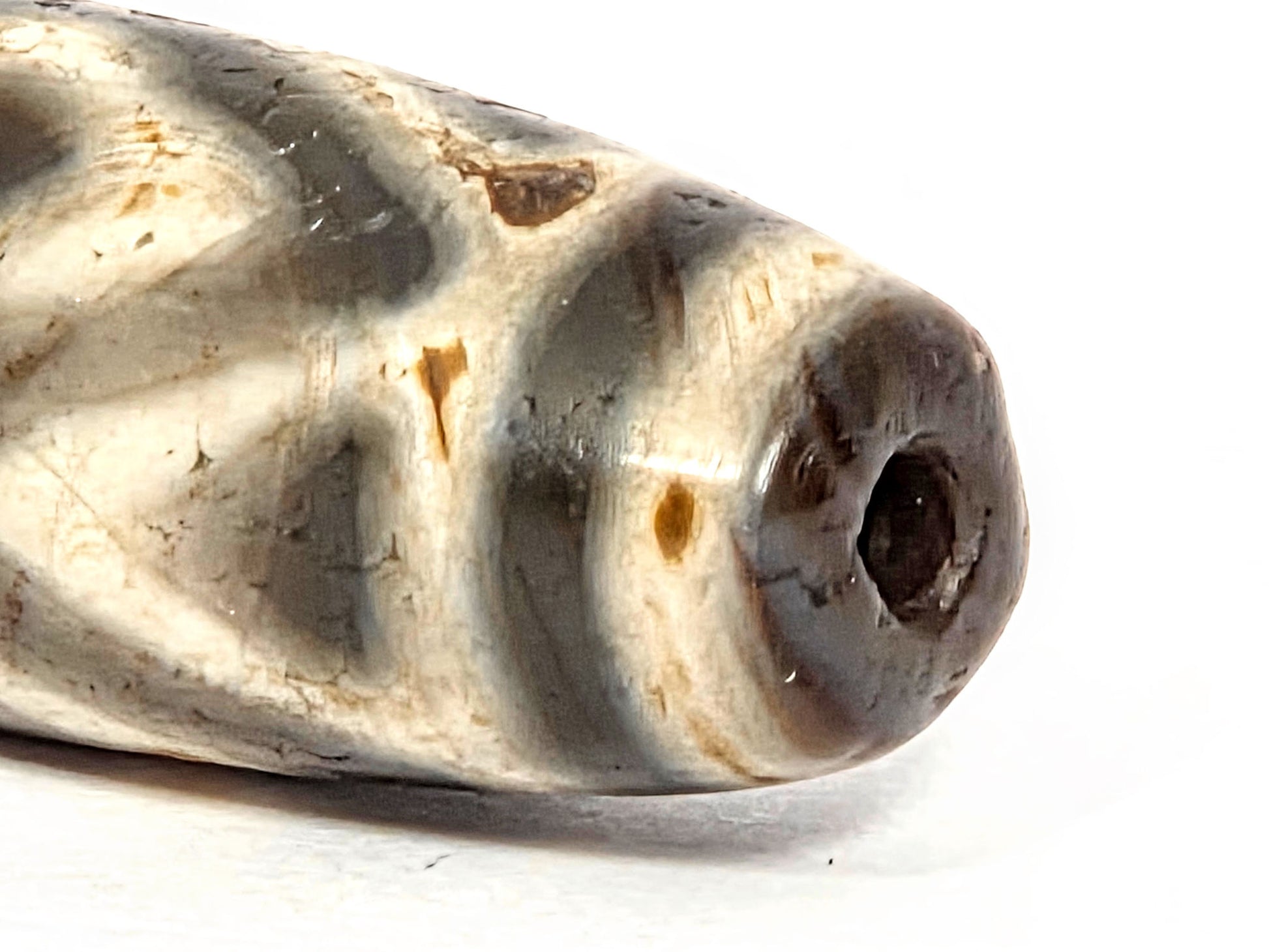 Ac-070926-3DE ancient three diamond eye tiger tooth dzi close-up drill end showing deep age erosion cream surface unretouched