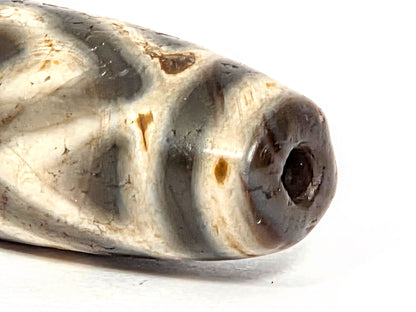 Ac-070926-3DE ancient three diamond eye tiger tooth dzi close-up drill end showing deep age erosion cream surface unretouched