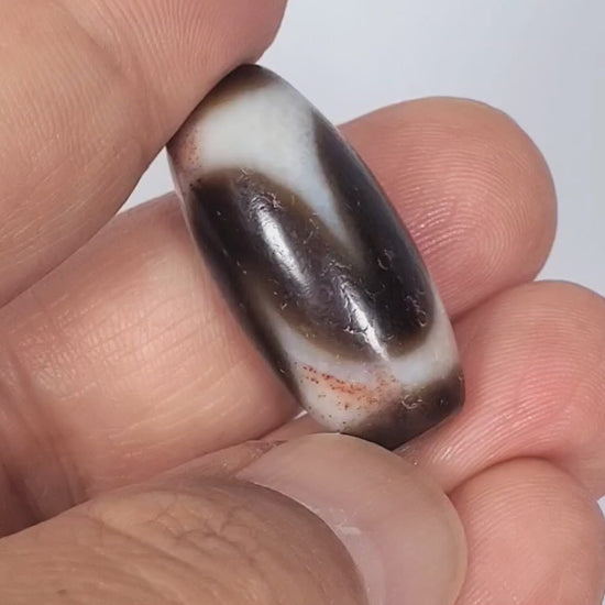 Video of antique Tibetan Tasso dzi At-093024-TaBS3 rotating 360°, deep chocolate-brown agate, broad cream wave motif, surface bloodspot inclusions, wide 29.4mm × 14.0mm barrel, unretouched footage