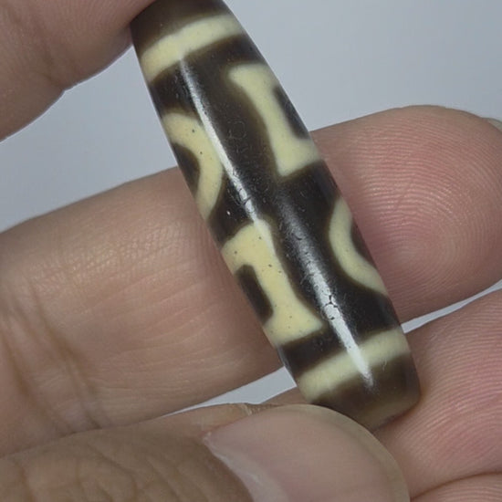 At-090425-DHE antique double heaven earth dzi bead 40.9x11.1mm video all four rotations dark brown agate