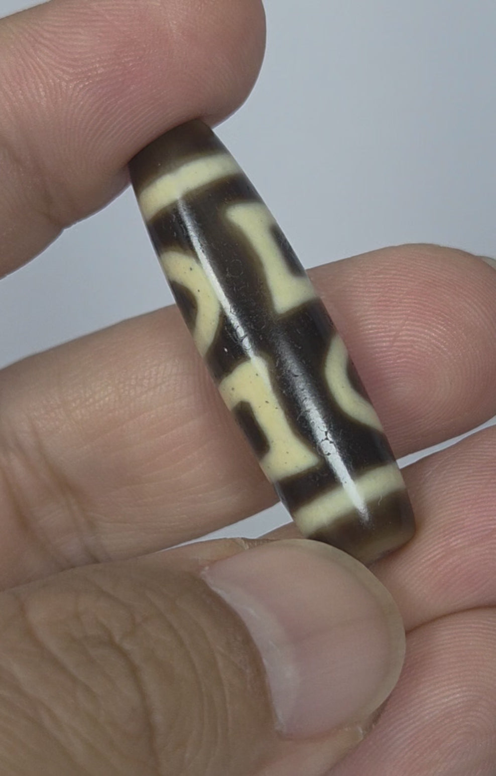 At-090425-DHE antique double heaven earth dzi bead 40.9x11.1mm video all four rotations dark brown agate