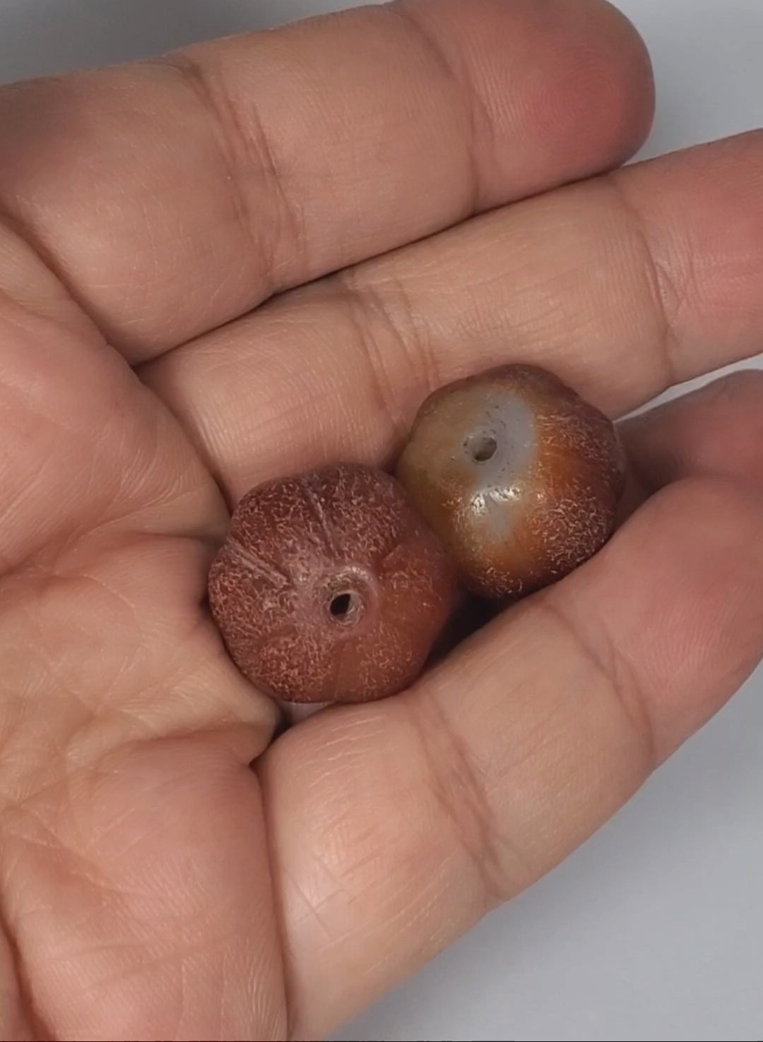 Ac-061126-PKP video rotation both beads, ribbed pumpkin carnelian pair 18.8×16.1mm & 19.1×16.2mm, unretouched footage