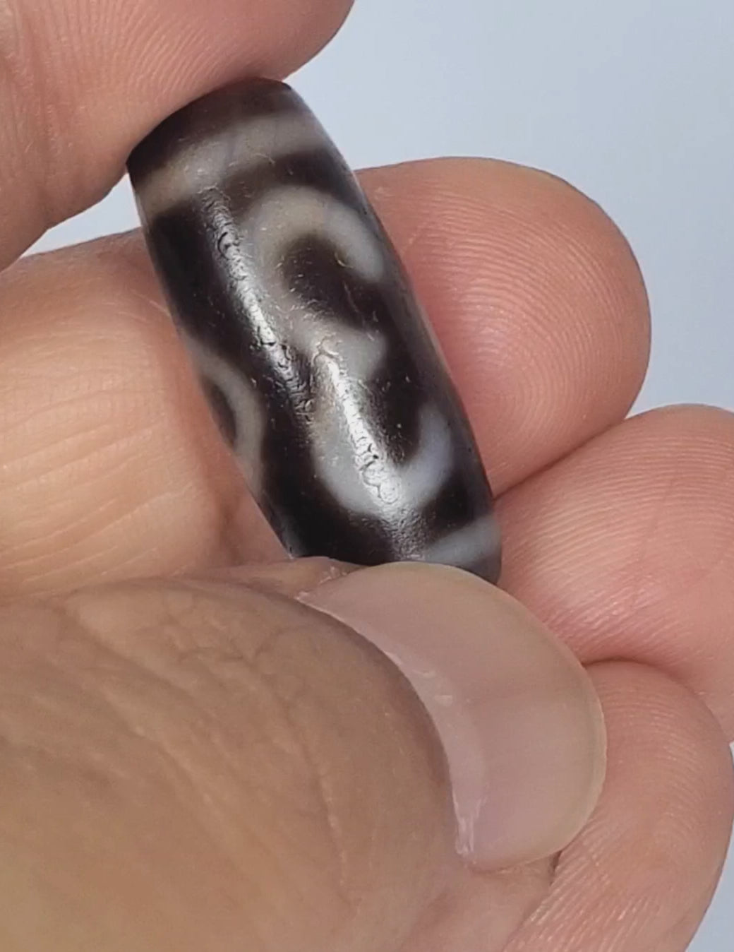 Video of antique Tibetan Double Bat Two Eye dzi bead At-053026-DB2E rotating 360°, bat wing and eye ring composition, dark brown agate, bloodspot inclusions, 28.8mm × 12.0mm, unretouched footage