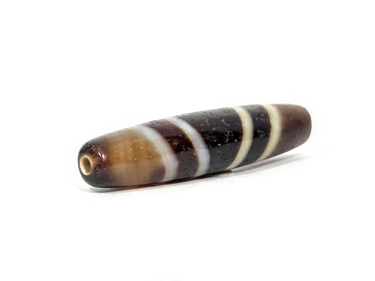 V-052222-7SChung, left tip 3/4 view, acutely tapered end, honey-brown tip, drill hole, seven stripes visible, unretouched