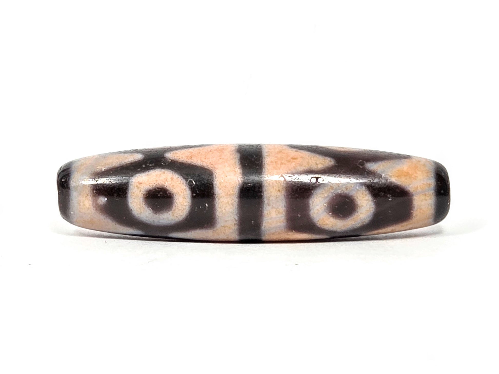 V-061026-6ETTBS face B, 2-eye tiger tooth pair, sandy-peach cinnabar field, dark chocolate motif lines, unretouched