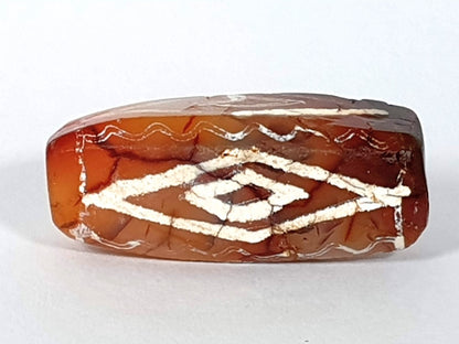  Ancient carnelian dzi bead with four diamond eye-in-eye and wave motif — extremely rare natural orange-red Himalayan carnelian