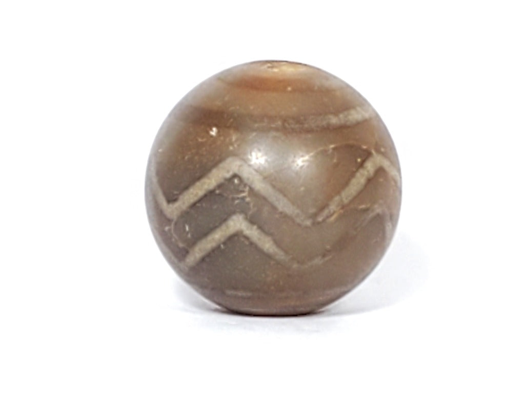 Ancient round Tibetan double wave motif dzi bead — genuine natural agate, traditionally etched